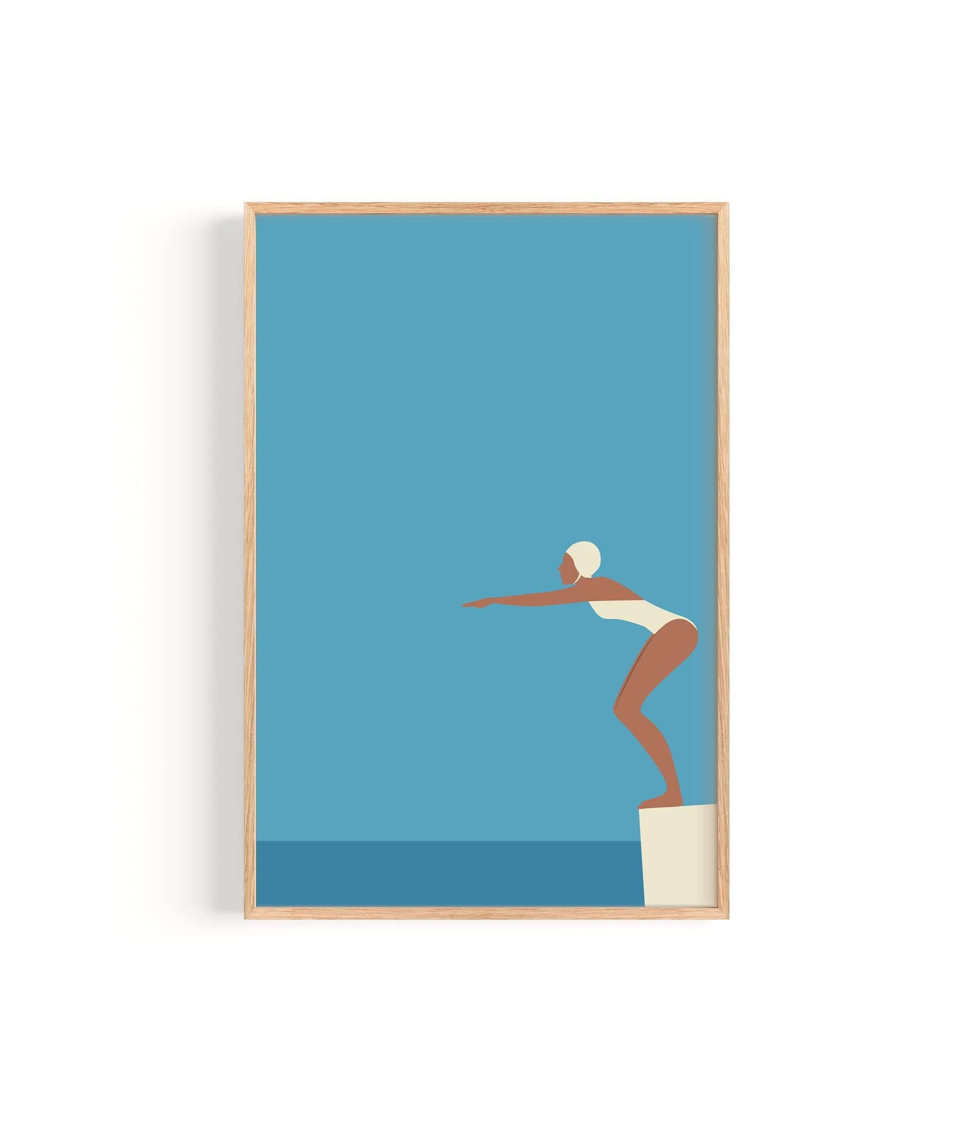 A woman in a white swimsuit is diving off a diving board into a blue body of water.