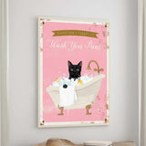 A framed poster with a black cat sitting in a bathtub filled with bubbles, accompanied by the text "Please don't forget to wash your pans".