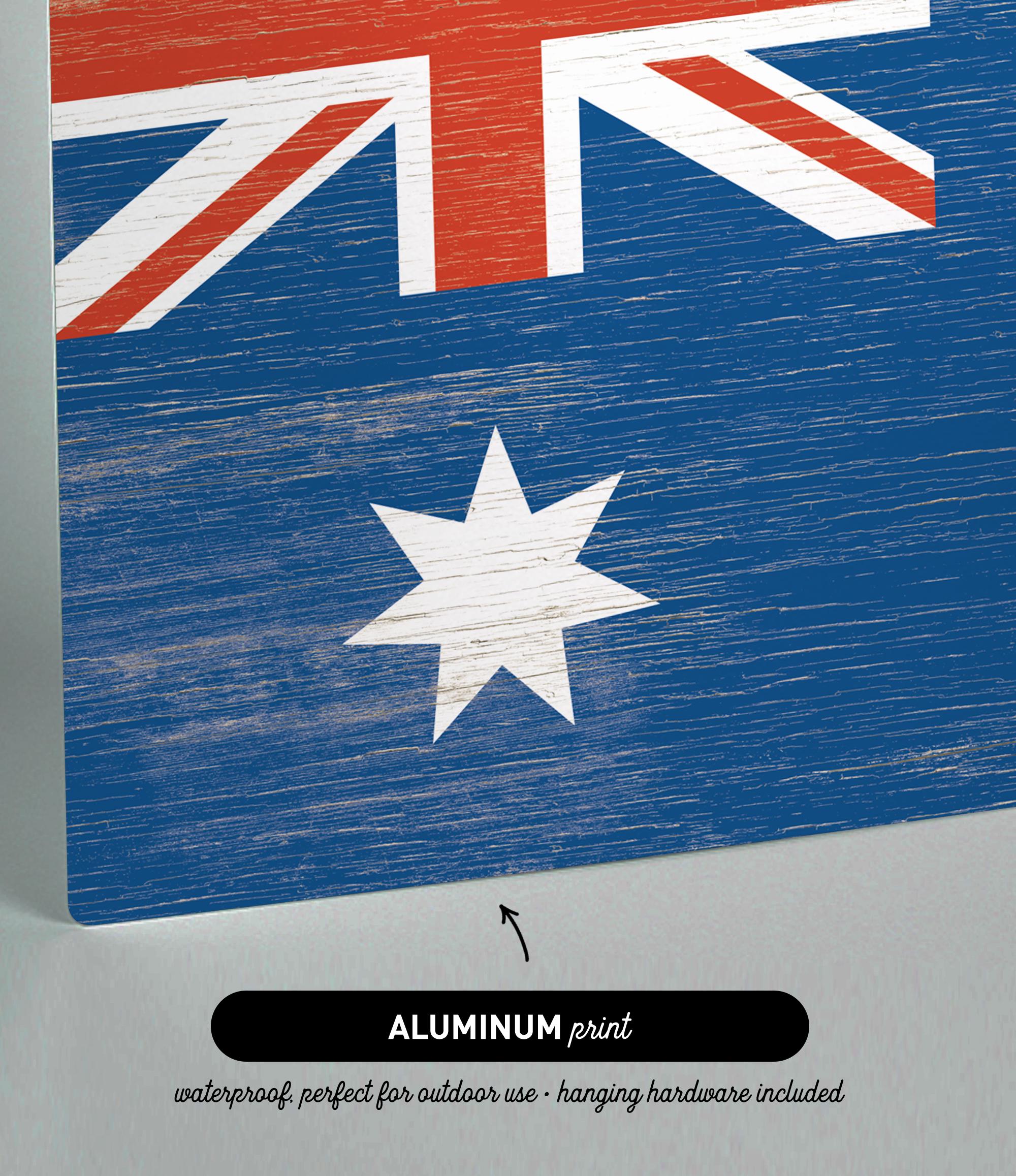 a wooden sign with the flag of australia painted on it