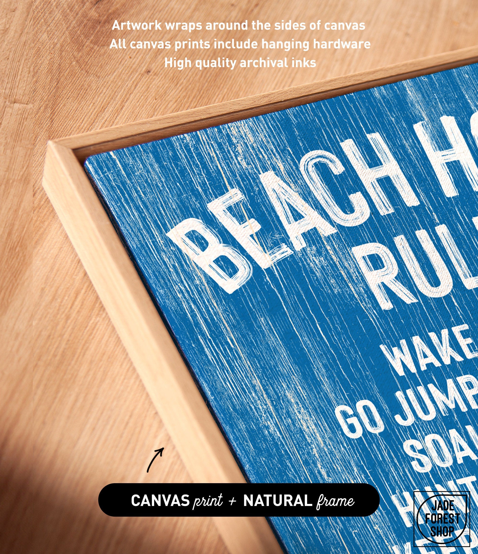 Close-up of the Beach House Rules Sign in ocean blue painted wood with white text, displayed in a natural wood frame on a wooden surface—ideal coastal wall art or beach house decor.