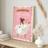 A framed poster with a cartoon image of a dog sitting in a bathtub, accompanied by the text "Please don't forget to wash your paws".