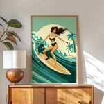 a woman surfing on a yellow surfboard, with a tropical beach scene in the background.
