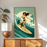 a woman surfing on a yellow surfboard, with a tropical beach scene in the background.