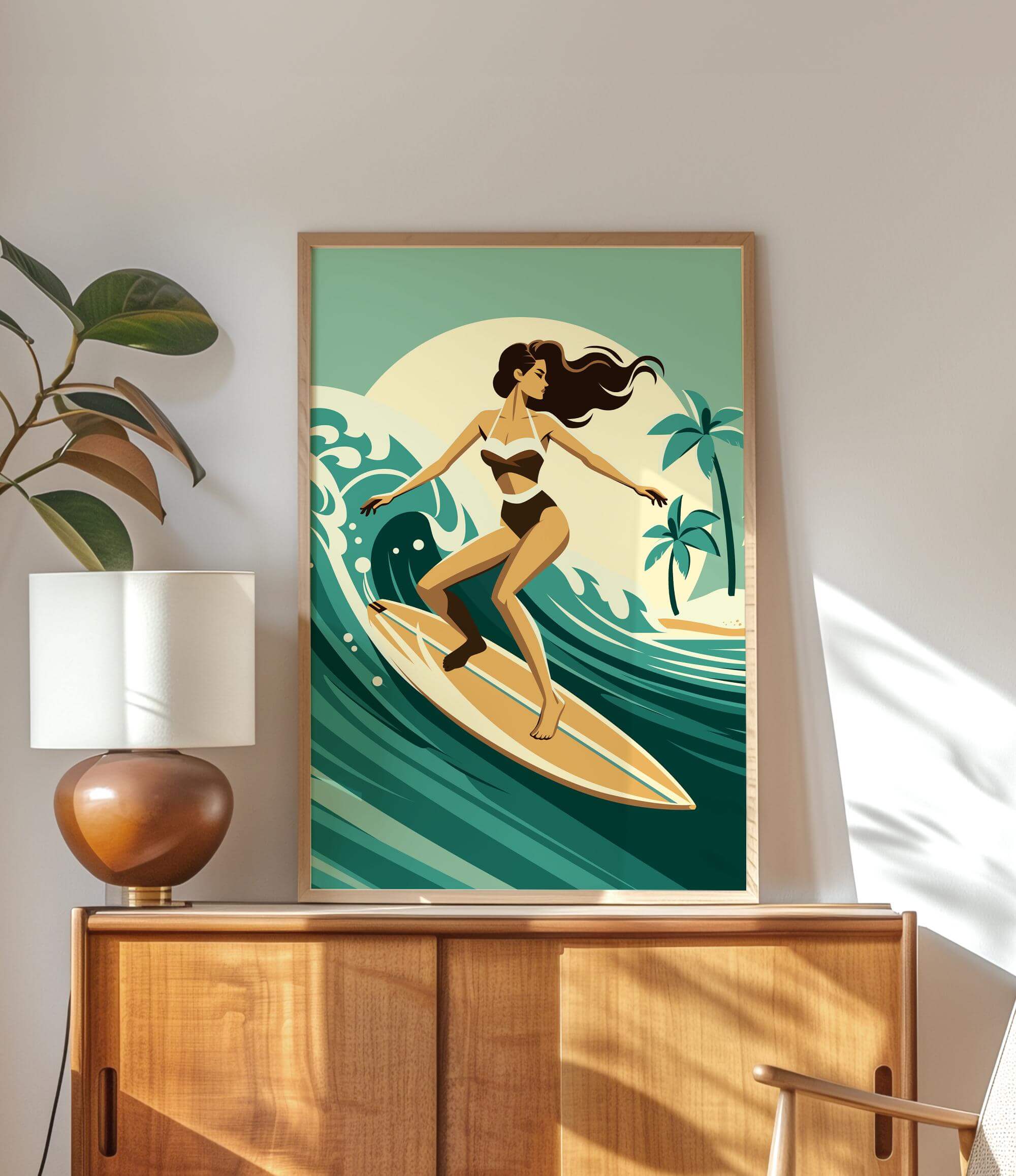 a woman surfing on a yellow surfboard, with a tropical beach scene in the background.
