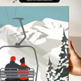 a couple sitting on a ski lift, enjoying the snowy mountain landscape below.