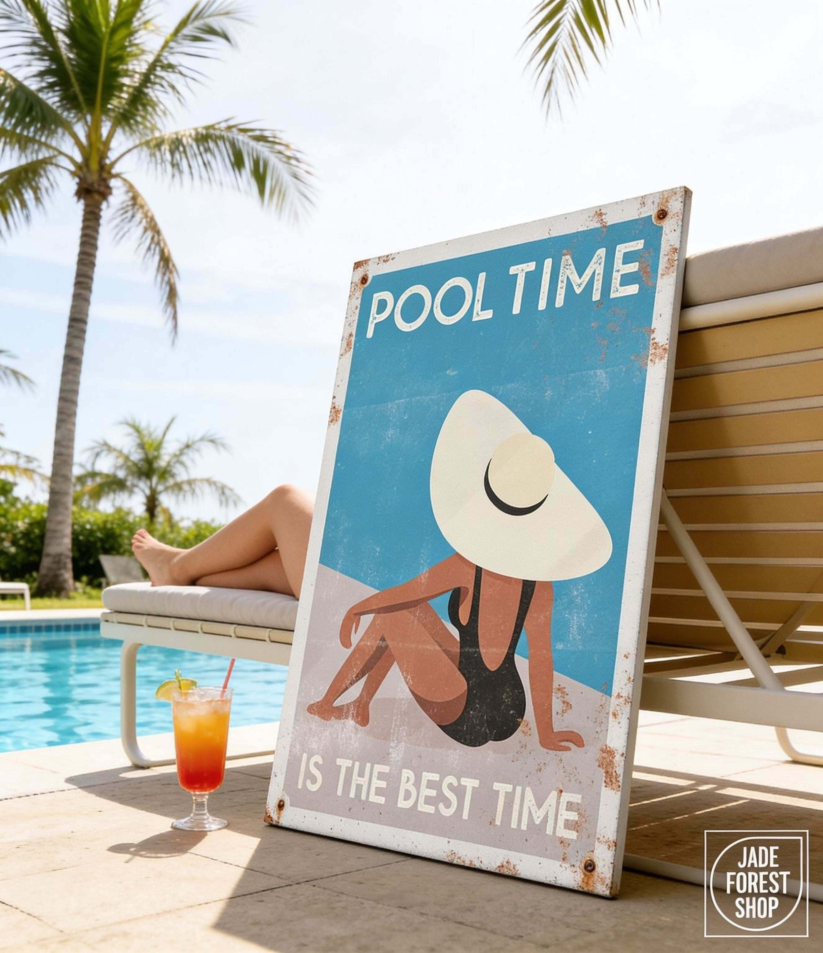 A vintage-style sign with a woman in a swimsuit and a large white hat, sitting on a bench near a pool, with a cocktail glass and a palm tree in the background.