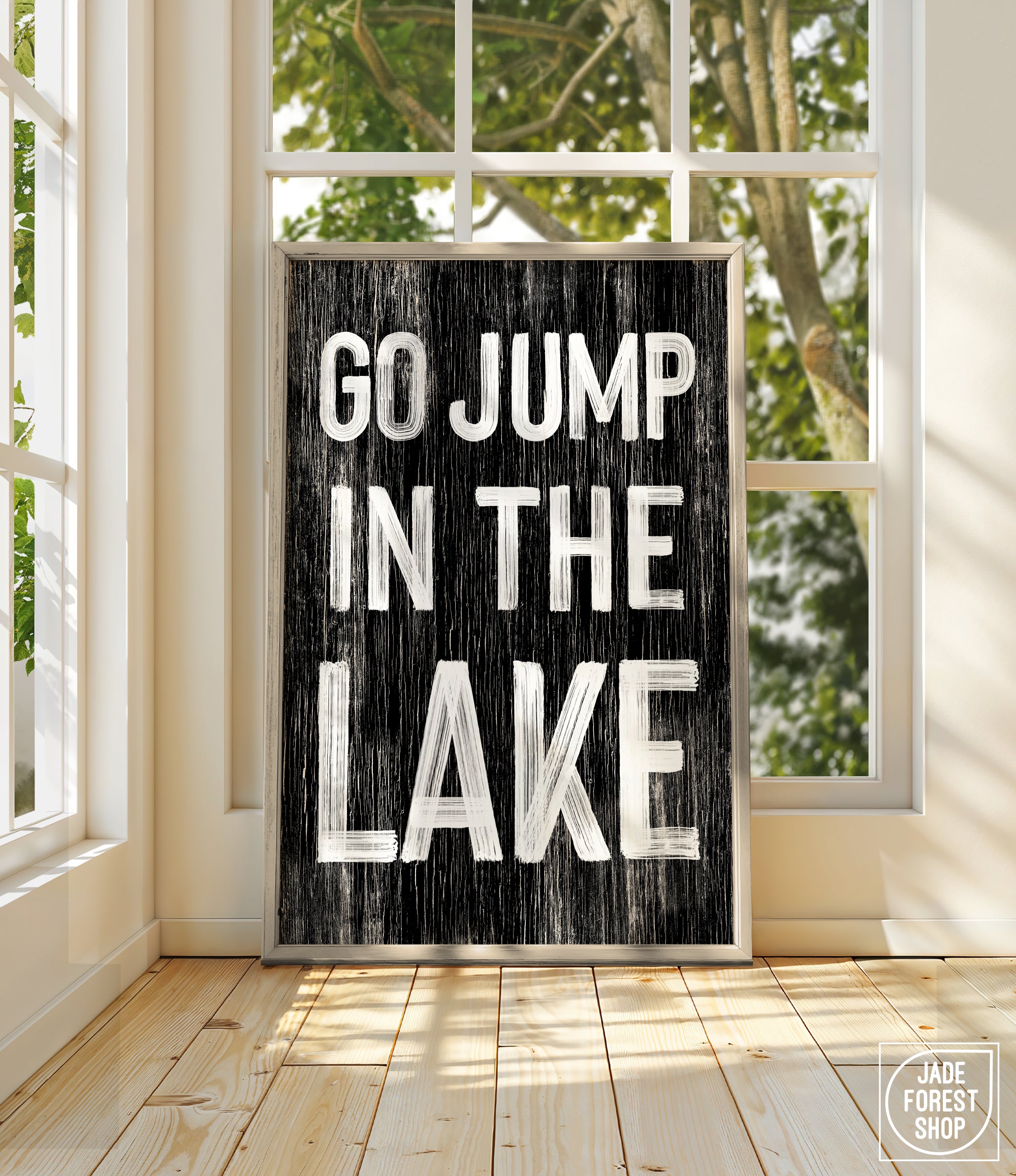 a sign that says go jump in the lake