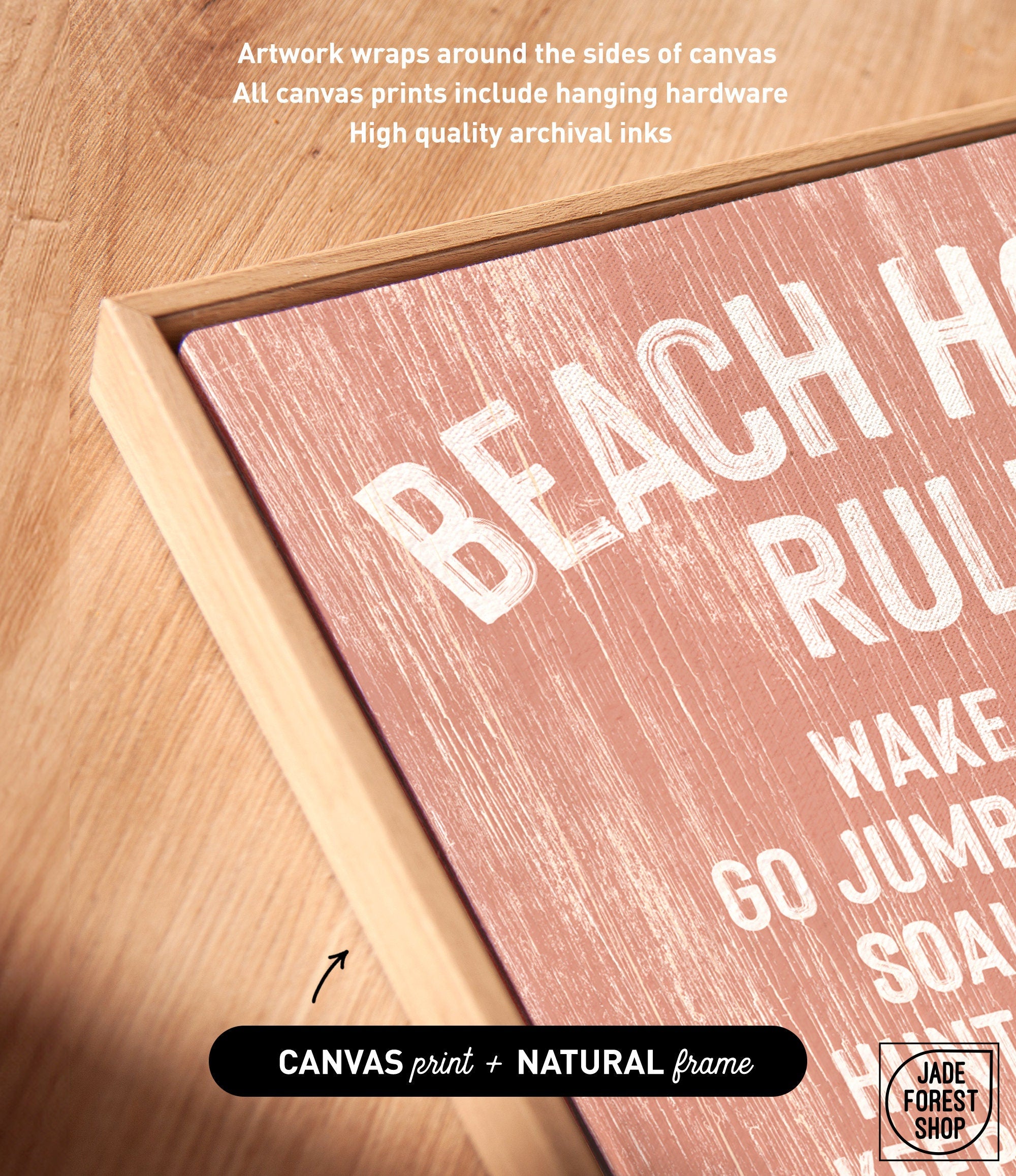 The Beach House Rules Sign is crafted from painted wood in a vibrant coral hue, perfect as coastal wall art or charming beach house decor.