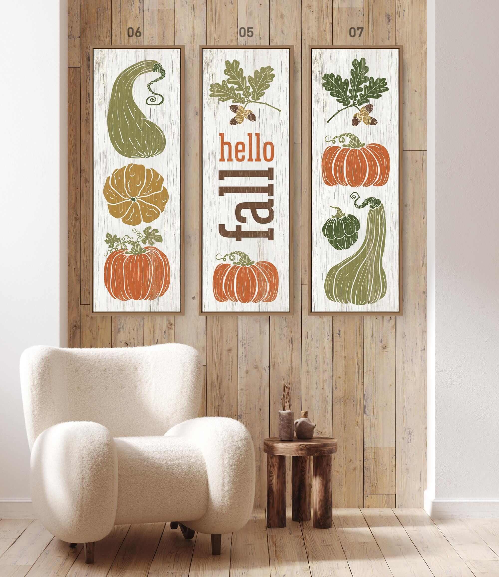 a white chair sitting in front of a wooden wall