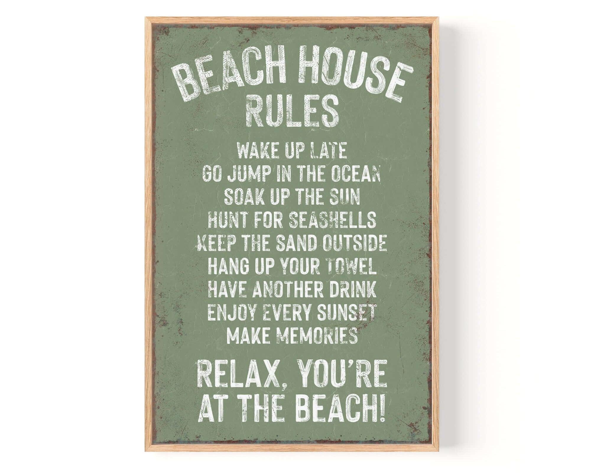 Vintage decor lovers will adore this Beach House Rules Sign with rusted edge and seagrass green background—white text lists playful beach activities, making it perfect retro wall decor.