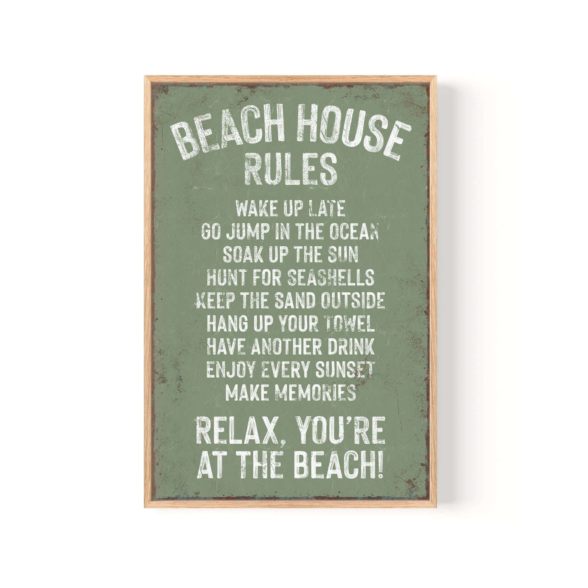Vintage decor lovers will adore this Beach House Rules Sign with rusted edge and seagrass green background—white text lists playful beach activities, making it perfect retro wall decor.