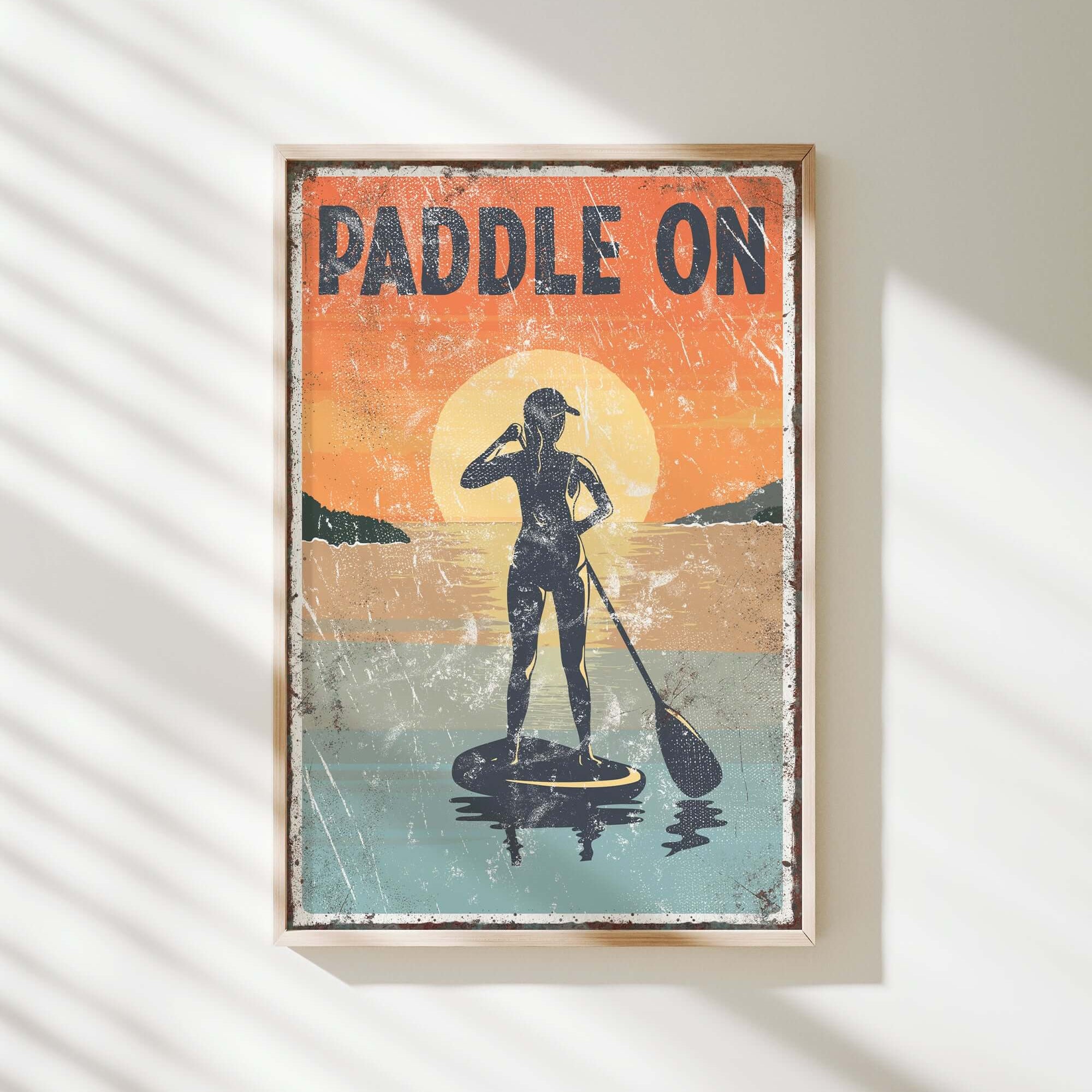 a vintage paddle on poster hangs on a wall