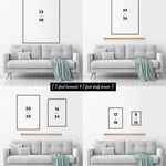 The image is a collage of four photographs showing different sizes of framed artworks displayed on a wall.