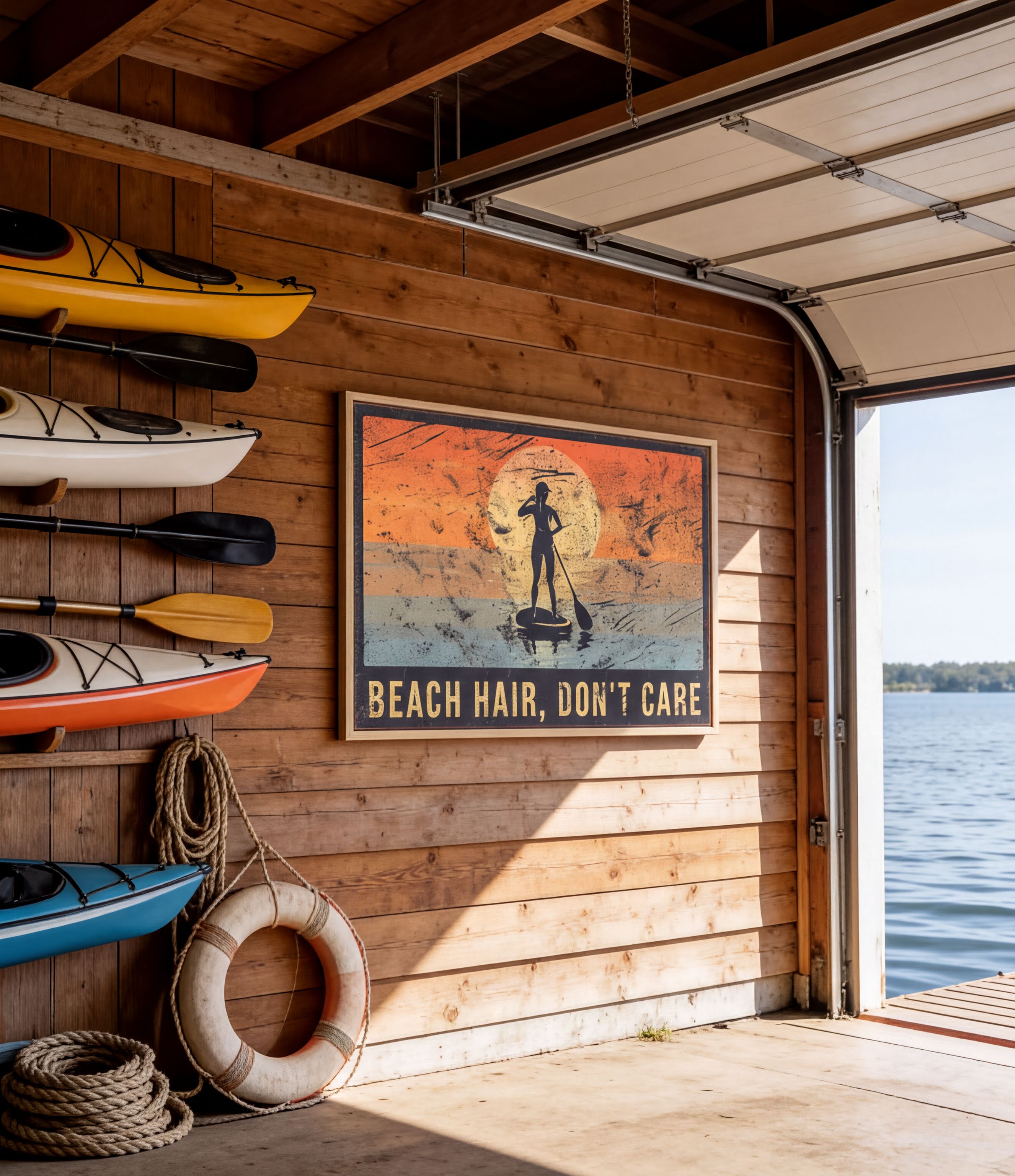 a wooden wall with a framed poster that says "BEACH HAIR, DON'T CARE" and a silhouette of a person paddleboarding. There are several kayaks and a life preserver hanging on the wall, and a garage door is visible in the background.