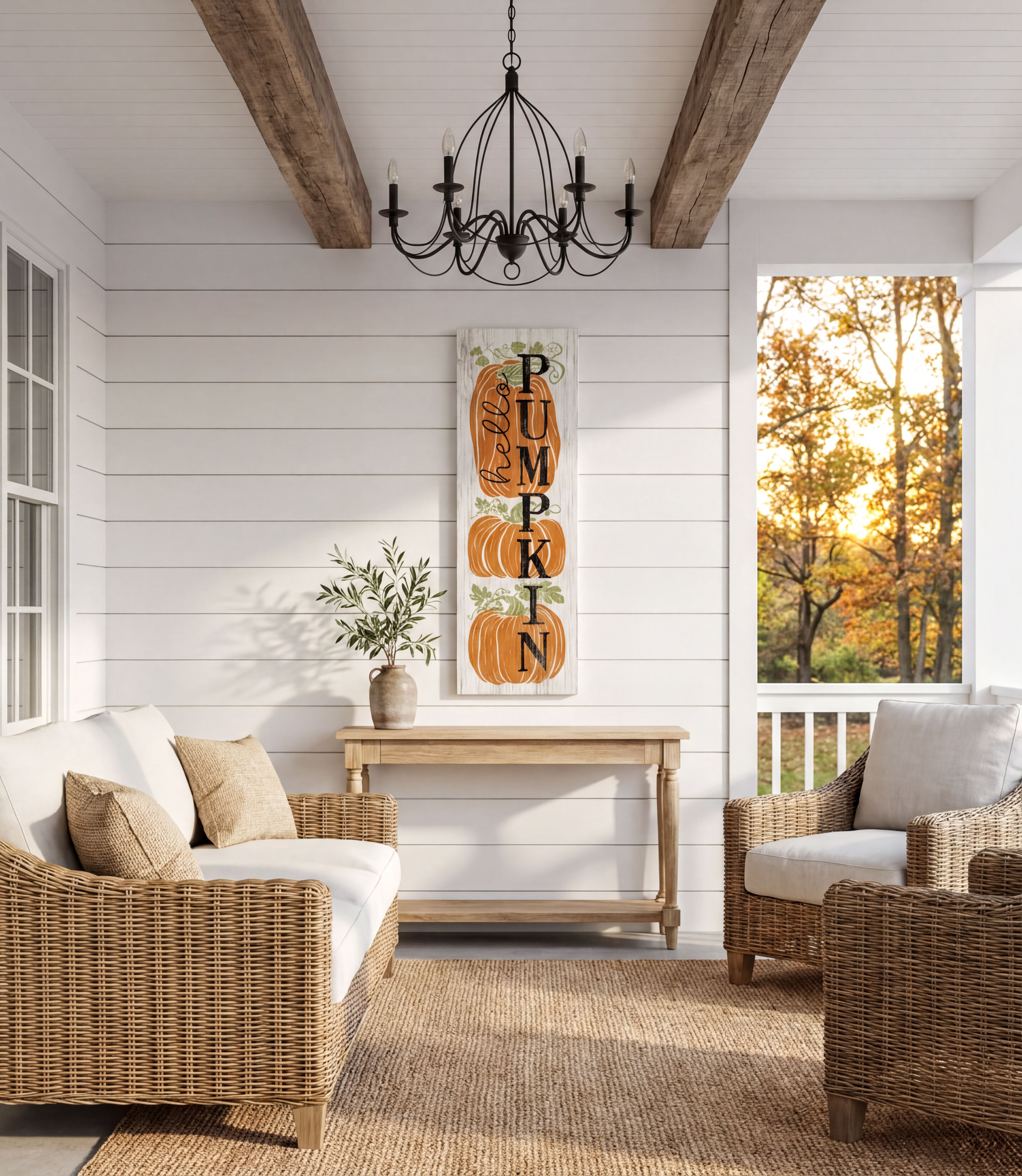 a cozy and inviting porch with a rustic charm, featuring a wicker sofa, a wooden table, and a decorative pumpkin sign. The porch is illuminated by a chandelier, and the scene is set against a backdrop of trees with autumn foliage.