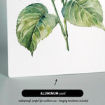 The image is an aluminum print featuring a watercolor painting of a green leaf on a stem.