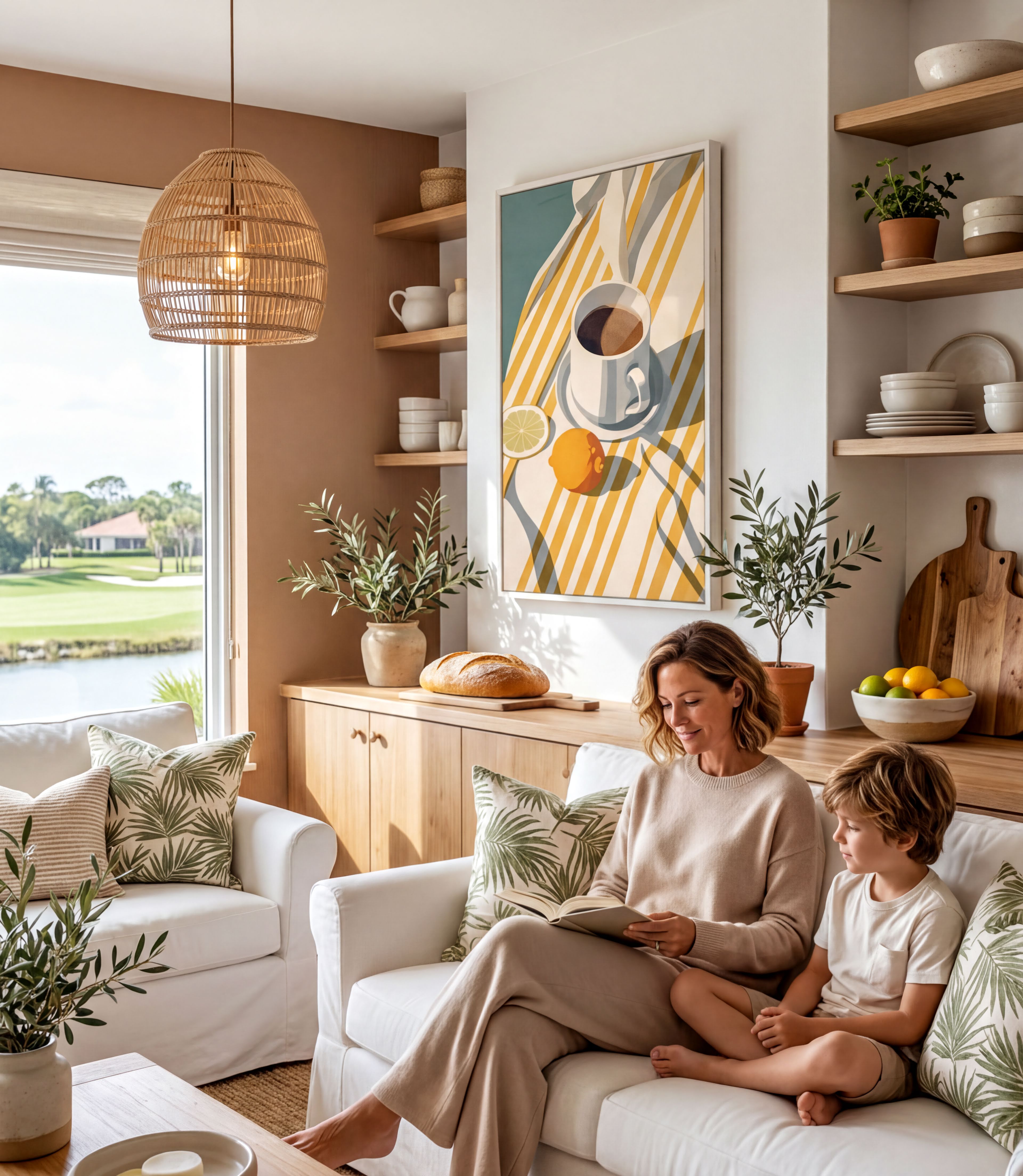 A woman and a young boy are sitting together on a couch in a cozy living room, with a large window overlooking a scenic outdoor view. The room is decorated with various plants, a hanging lamp, and a framed artwork on the wall.