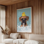 a cozy living room with a large framed poster of a dog sitting in a bathtub with a yellow rubber duck on its head, creating a playful and whimsical atmosphere.