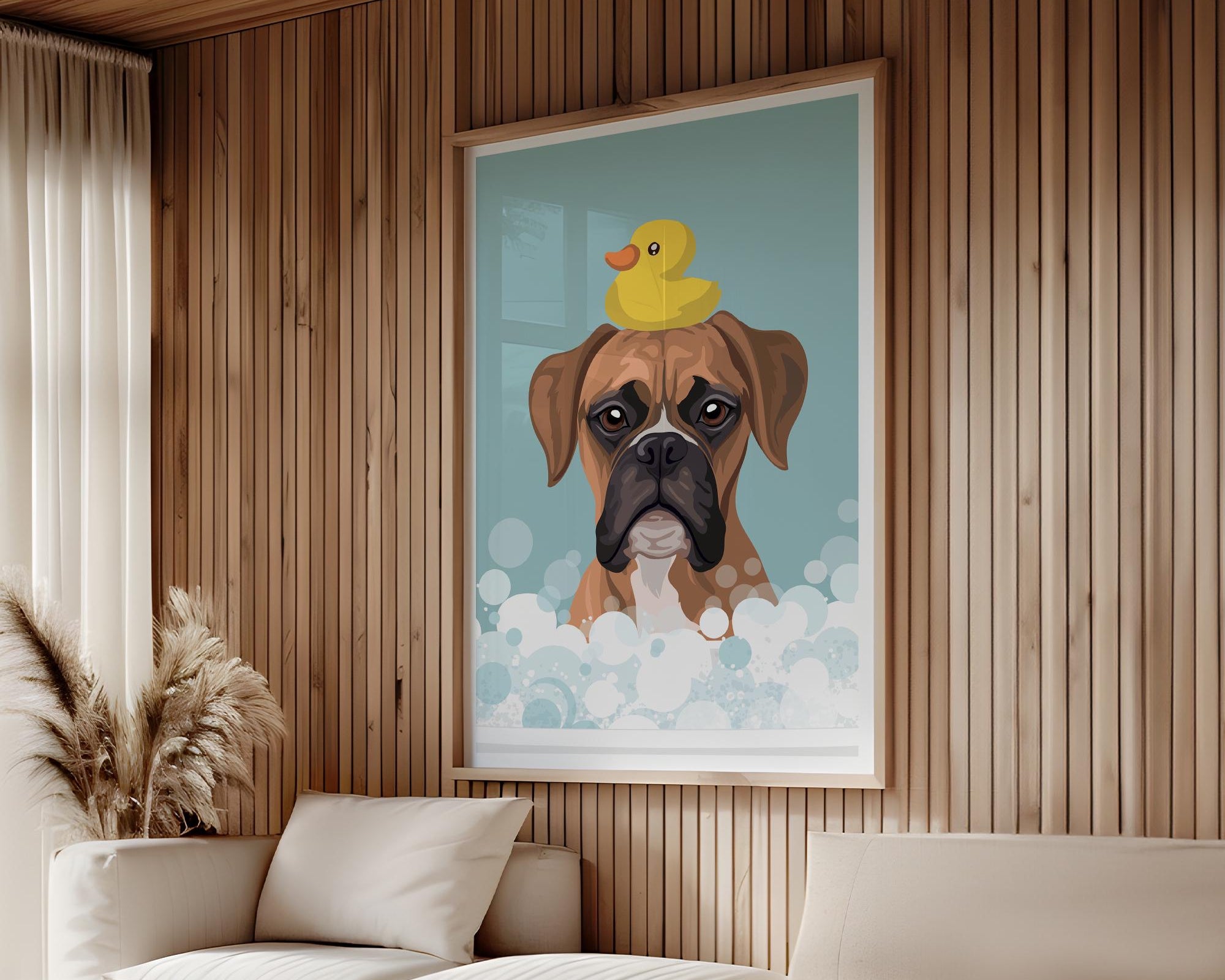 a cozy living room with a large framed poster of a dog sitting in a bathtub with a yellow rubber duck on its head, creating a playful and whimsical atmosphere.