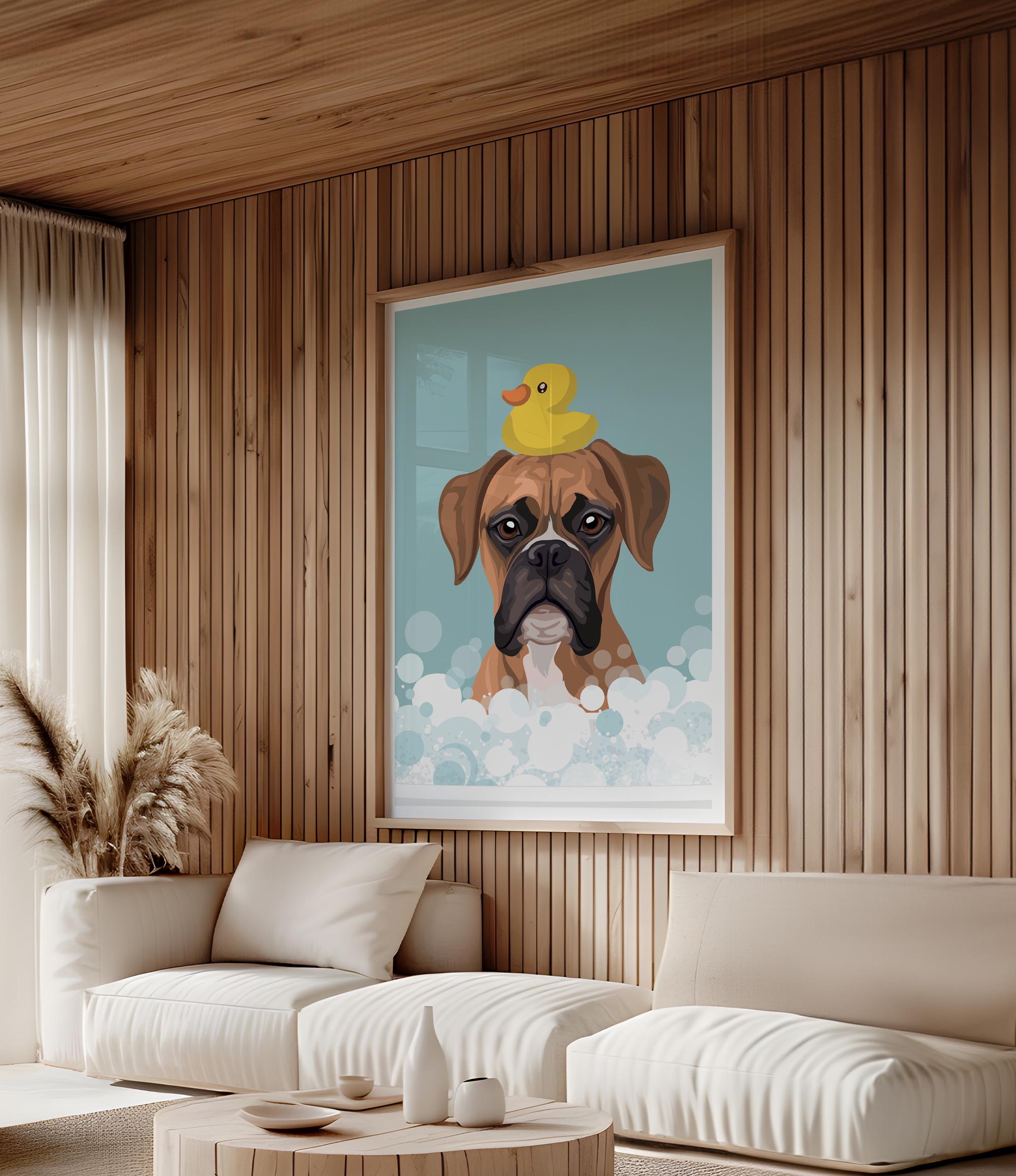 a cozy living room with a large framed poster of a dog sitting in a bathtub with a yellow rubber duck on its head, creating a playful and whimsical atmosphere.