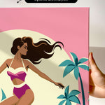a woman in a pink swimsuit with long hair, standing in front of a palm tree and a pink background.