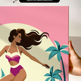 a woman in a pink swimsuit with long hair, standing in front of a palm tree and a pink background.