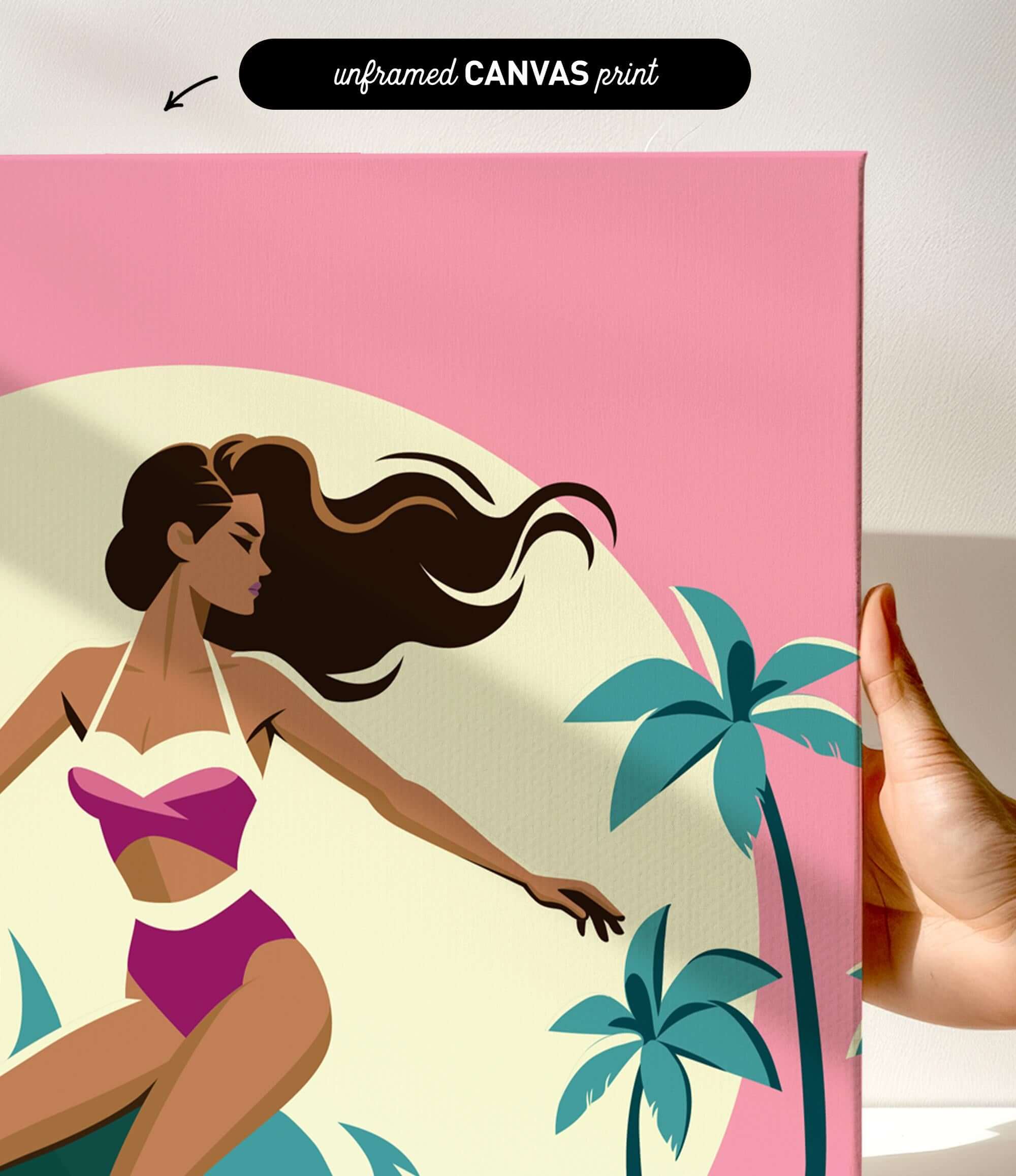 a woman in a pink swimsuit with long hair, standing in front of a palm tree and a pink background.