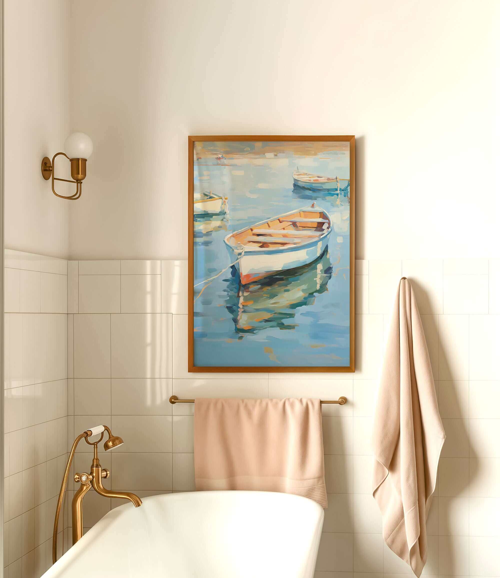 a bathroom with a white bathtub, a towel rack, and a framed painting of a boat on the wall.