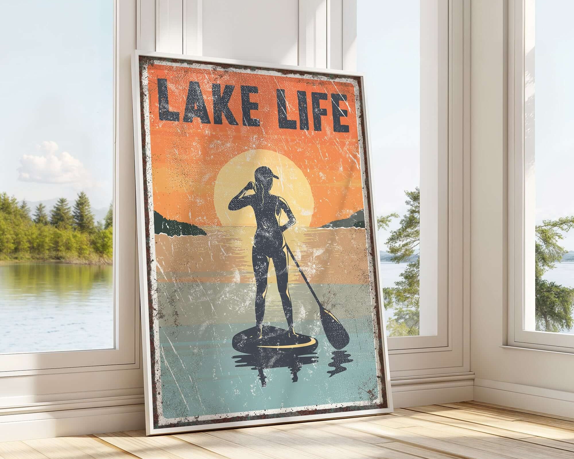 a picture of a man standing on a paddle board in front of a window
