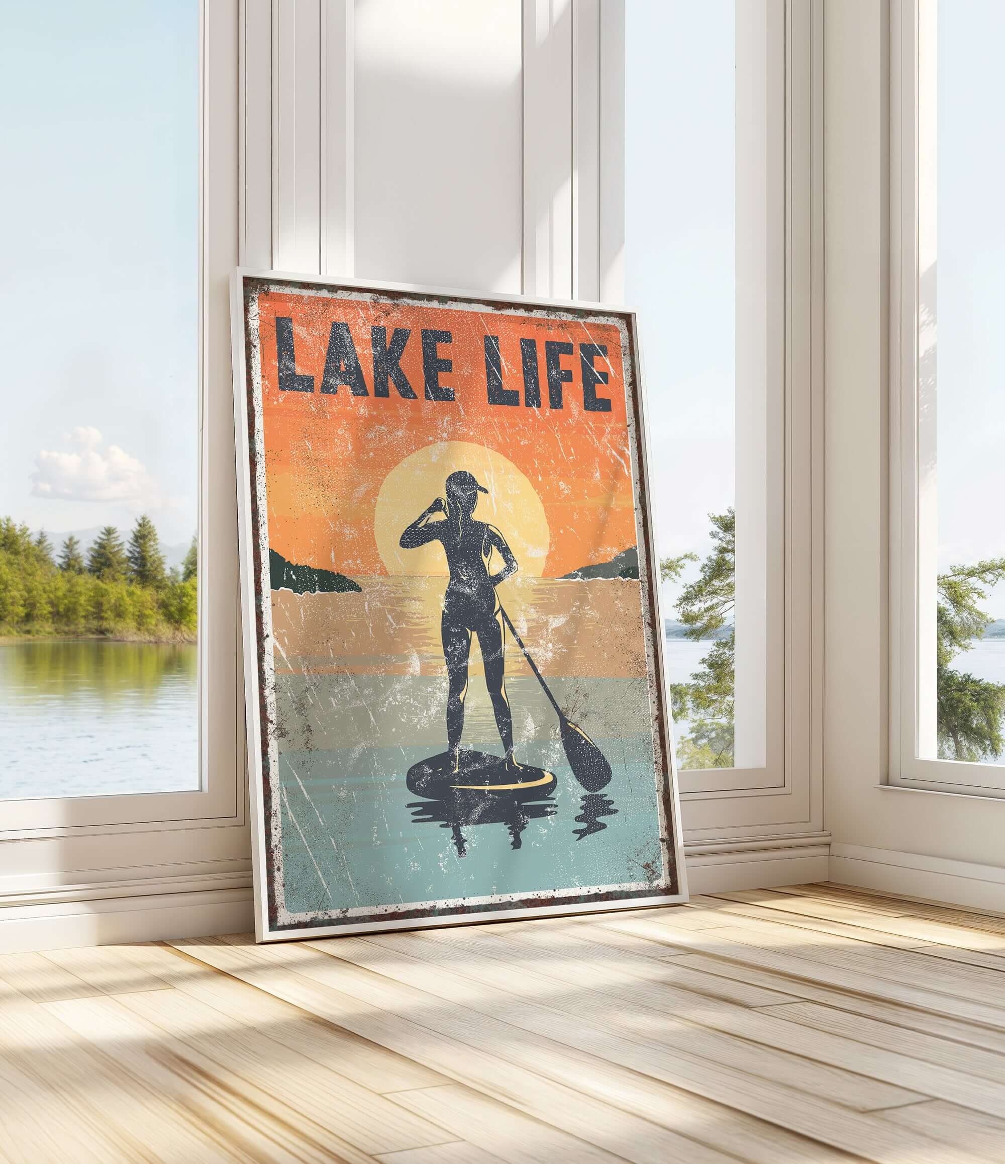 a picture of a man standing on a paddle board in front of a window