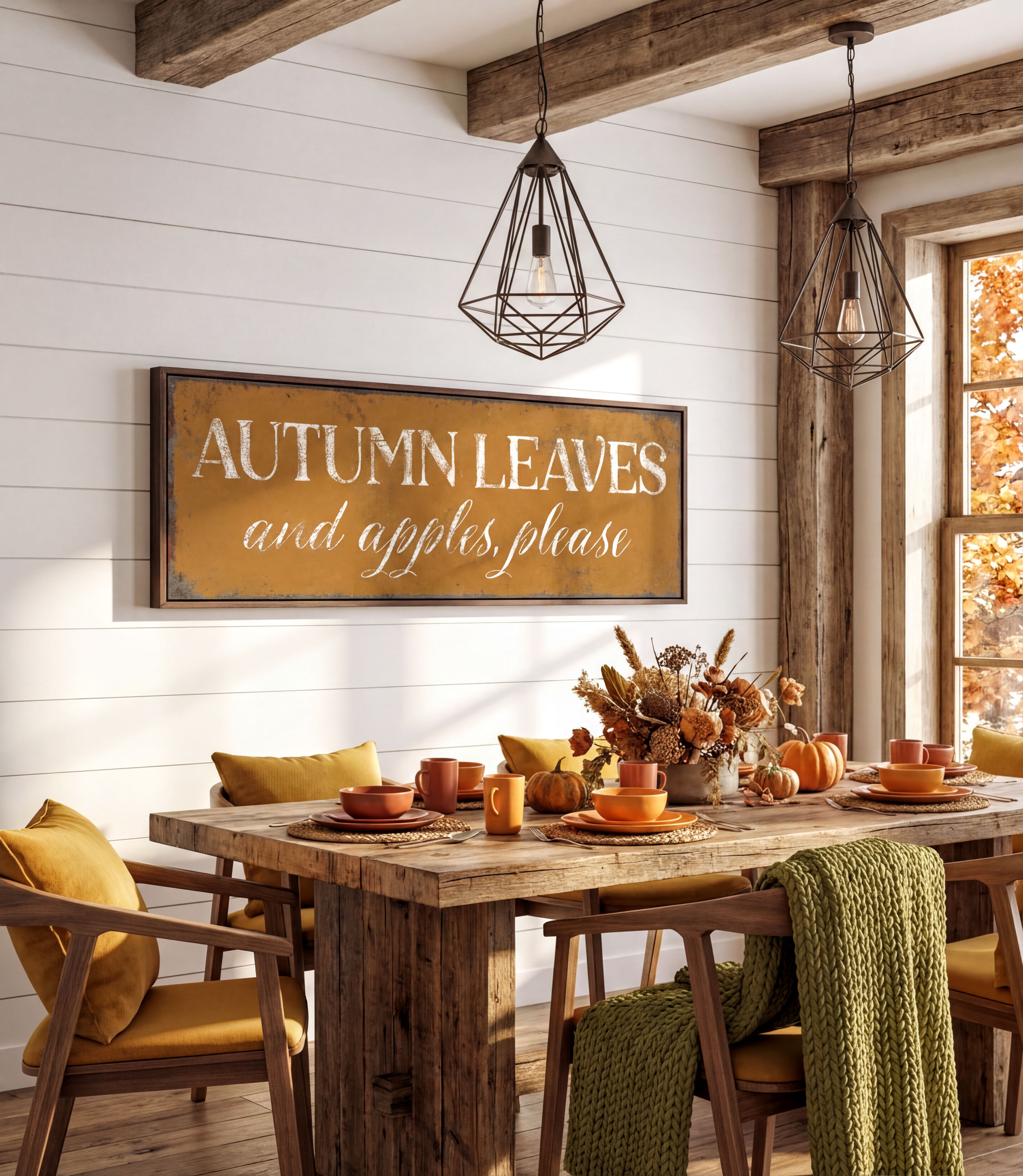 a rustic dining room with a wooden table set for autumn-themed dinner. The table is adorned with orange and yellow fall-themed dishes, and a large sign above the table reads "Autumn Leaves and Apples Please". The room is decorated with pendant lights, a wooden beam ceiling, and a window with autumn trees visible outside.