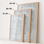 three framed beach house rules posters, each with a different size and orientation, displayed on a white wall.