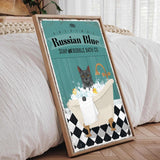 A framed poster featuring a cat sitting in a bathtub filled with bubbles, with the text "Russian Blue SOAP & BUBBLE BATH CO."