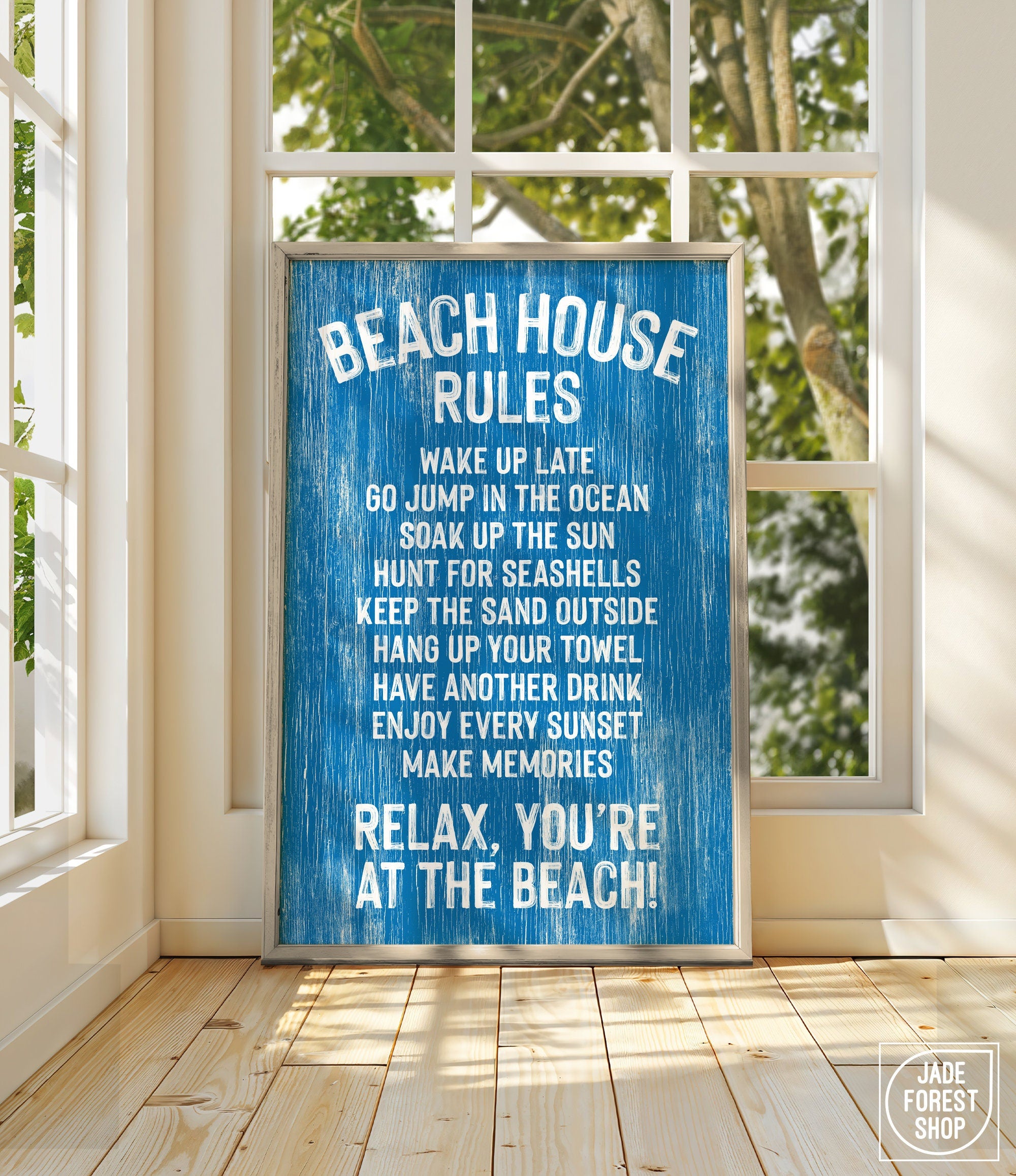 The Beach House Rules Sign, Painted Wood, Ocean Blue, displays playful sayings and is perfect as wall decor for your bright beach house.