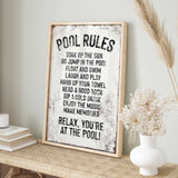 a picture of a pool rules sign on a shelf