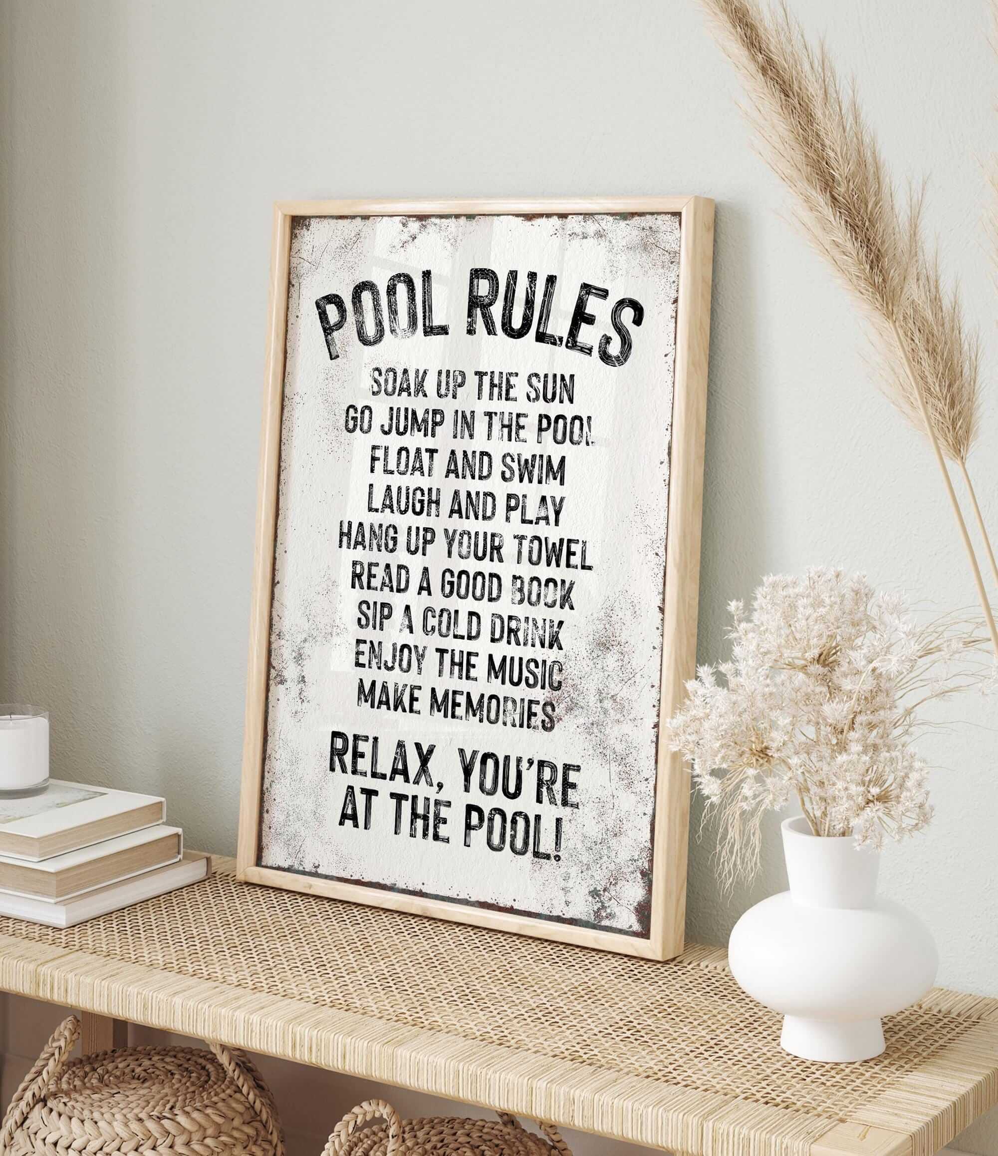 a picture of a pool rules sign on a shelf