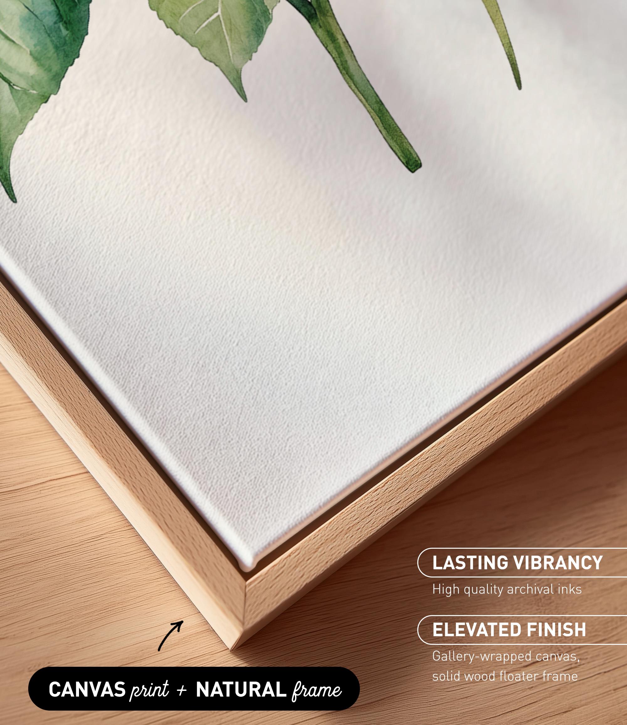 a close-up view of a canvas print with a natural frame, showcasing the vibrant colors and textures of the artwork.