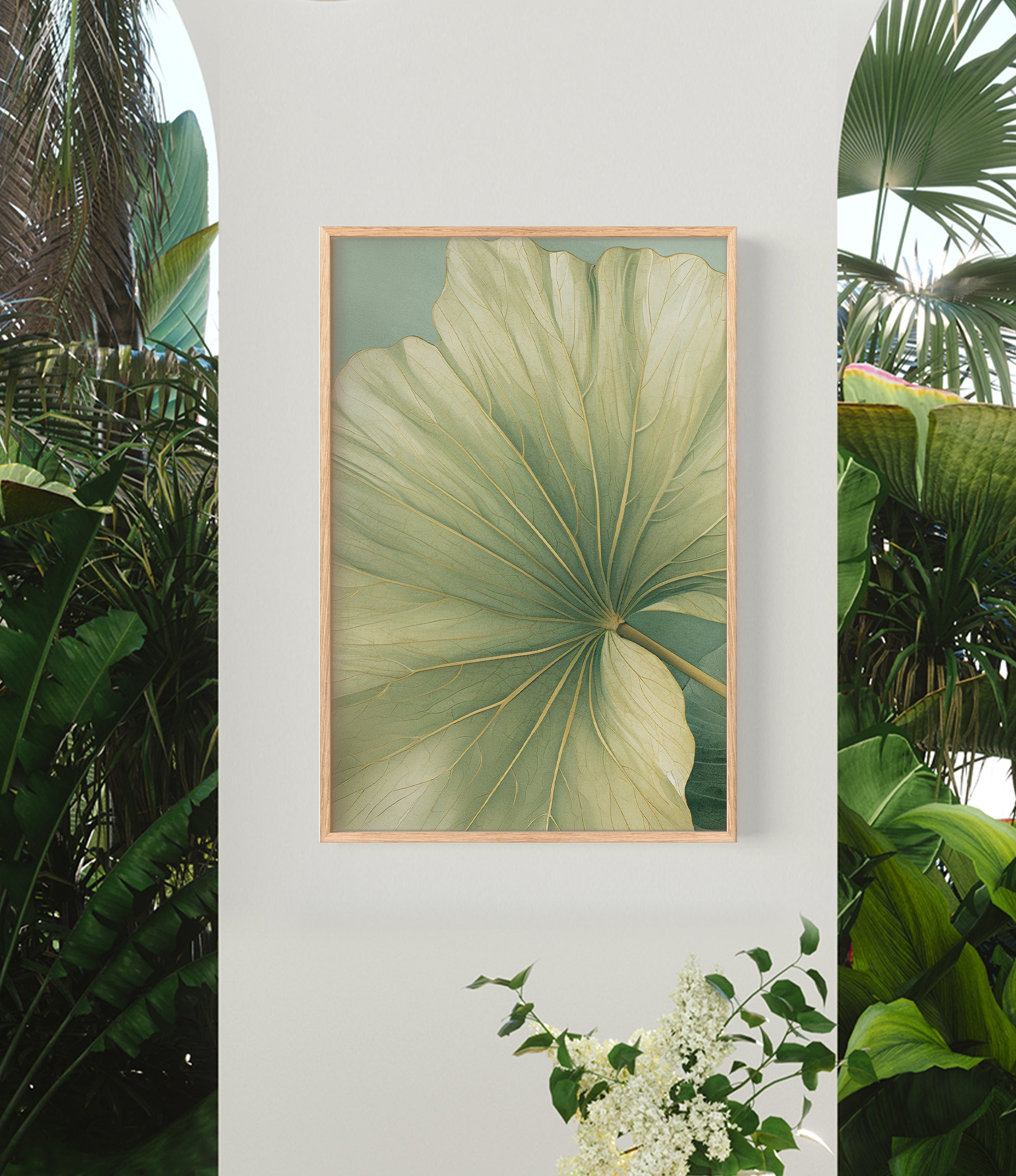 a large, vibrant green leaf with a yellow center, hanging on a white wall. The leaf is framed in a wooden frame and is surrounded by lush greenery, including palm trees and other tropical plants.