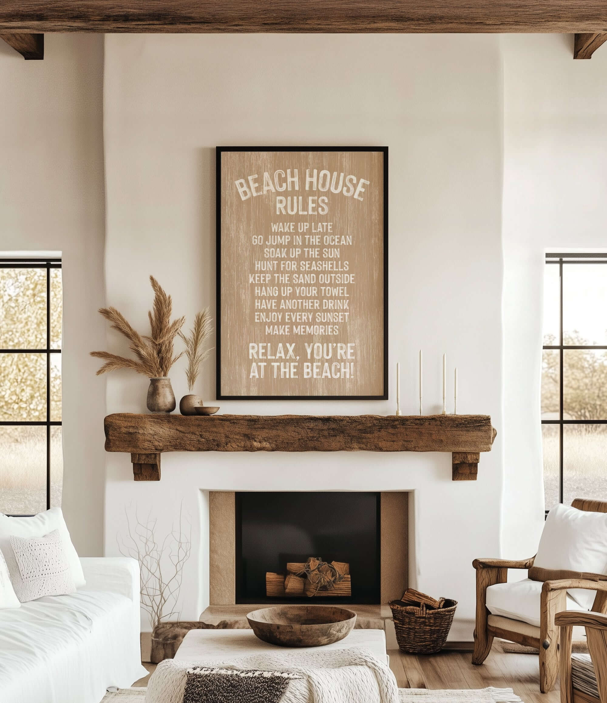 a cozy living room with a rustic wooden mantel, a comfortable couch, and a fireplace. Above the mantel, there is a wooden sign that reads "BEACH HOUSE RULES" and provides a list of beach-related activities, such as "Make up late", "Go jump in the ocean", " Hunt for seashells", " Hunt for shavings", " Hang up your towel", " Enjoy every sunset", and "Relax, you're at the beach!"