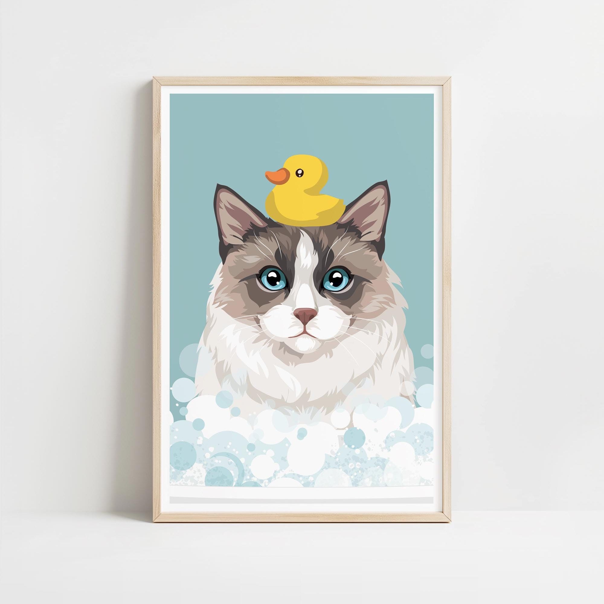A framed illustration of a cat with a yellow rubber duck on its head, set against a light blue background with white bubbles.