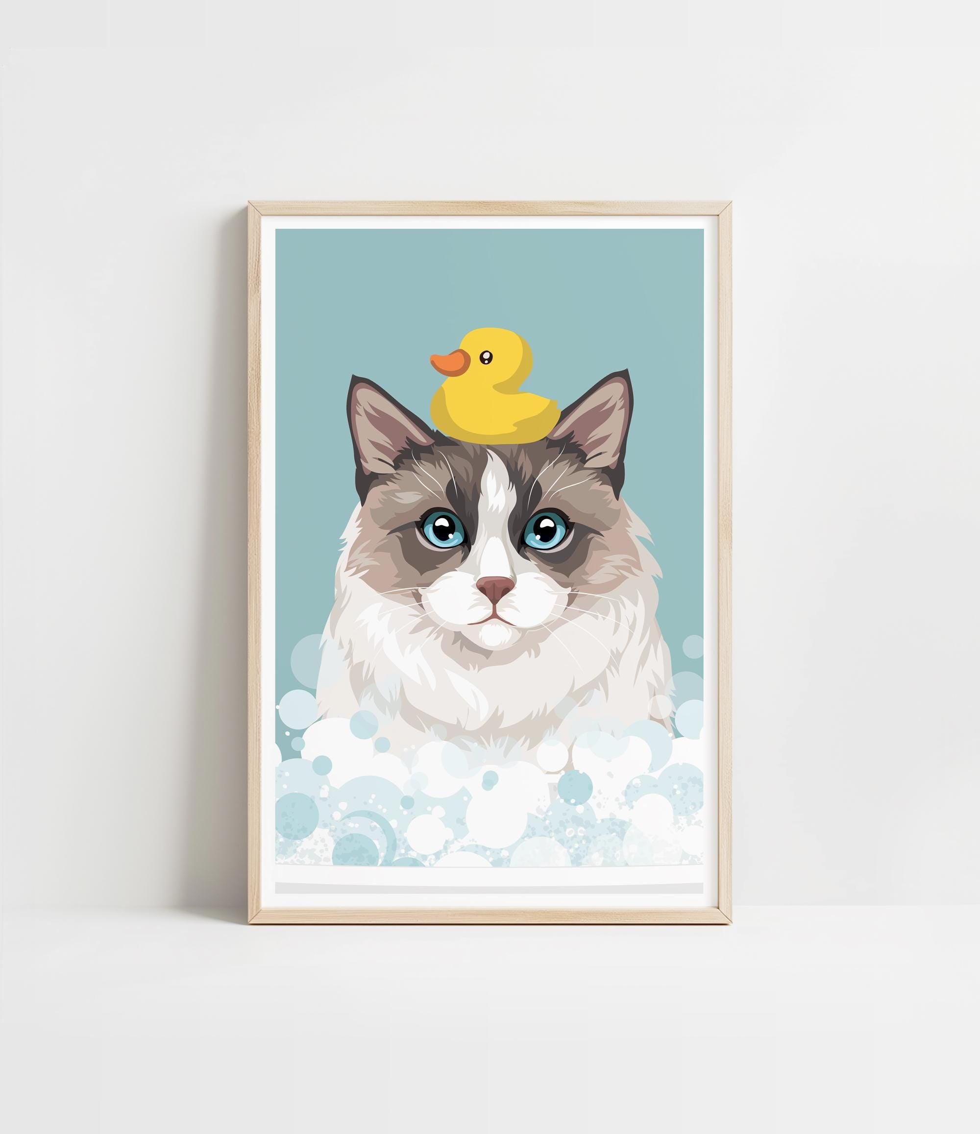 A framed illustration of a cat with a yellow rubber duck on its head, set against a light blue background with white bubbles.