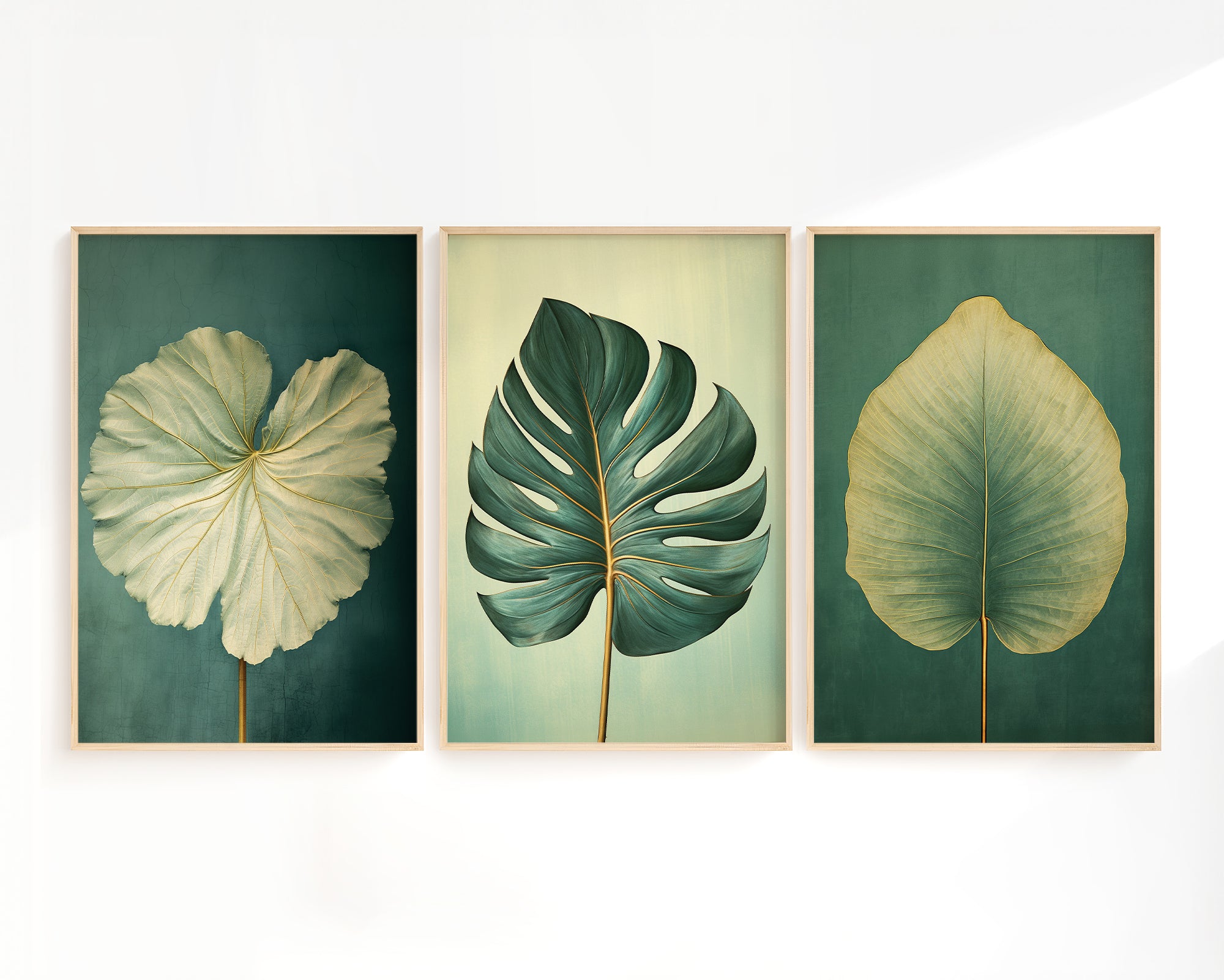 three framed artworks featuring large, leafy plant leaves in various shades of green.