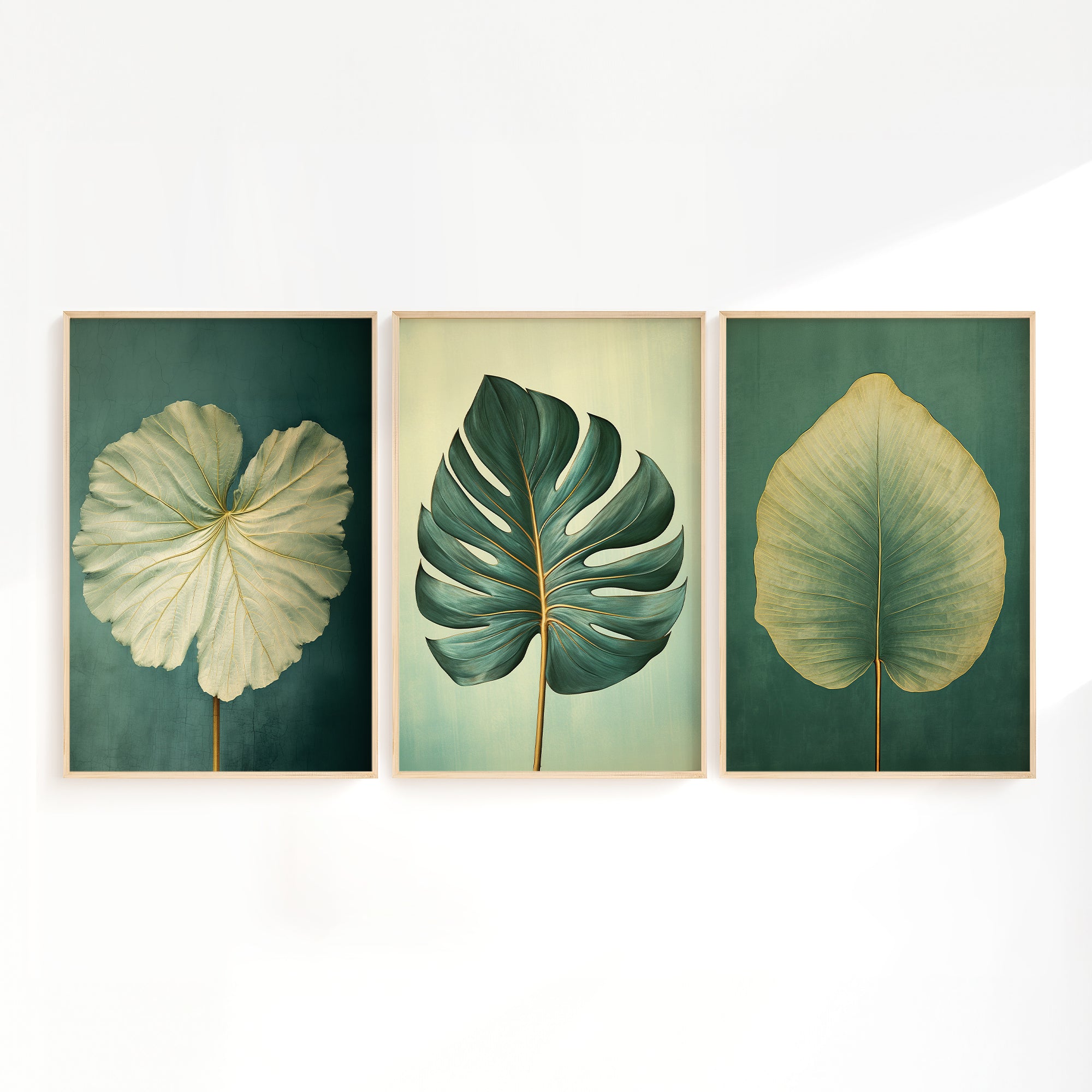 three framed artworks featuring large, leafy plant leaves in various shades of green.