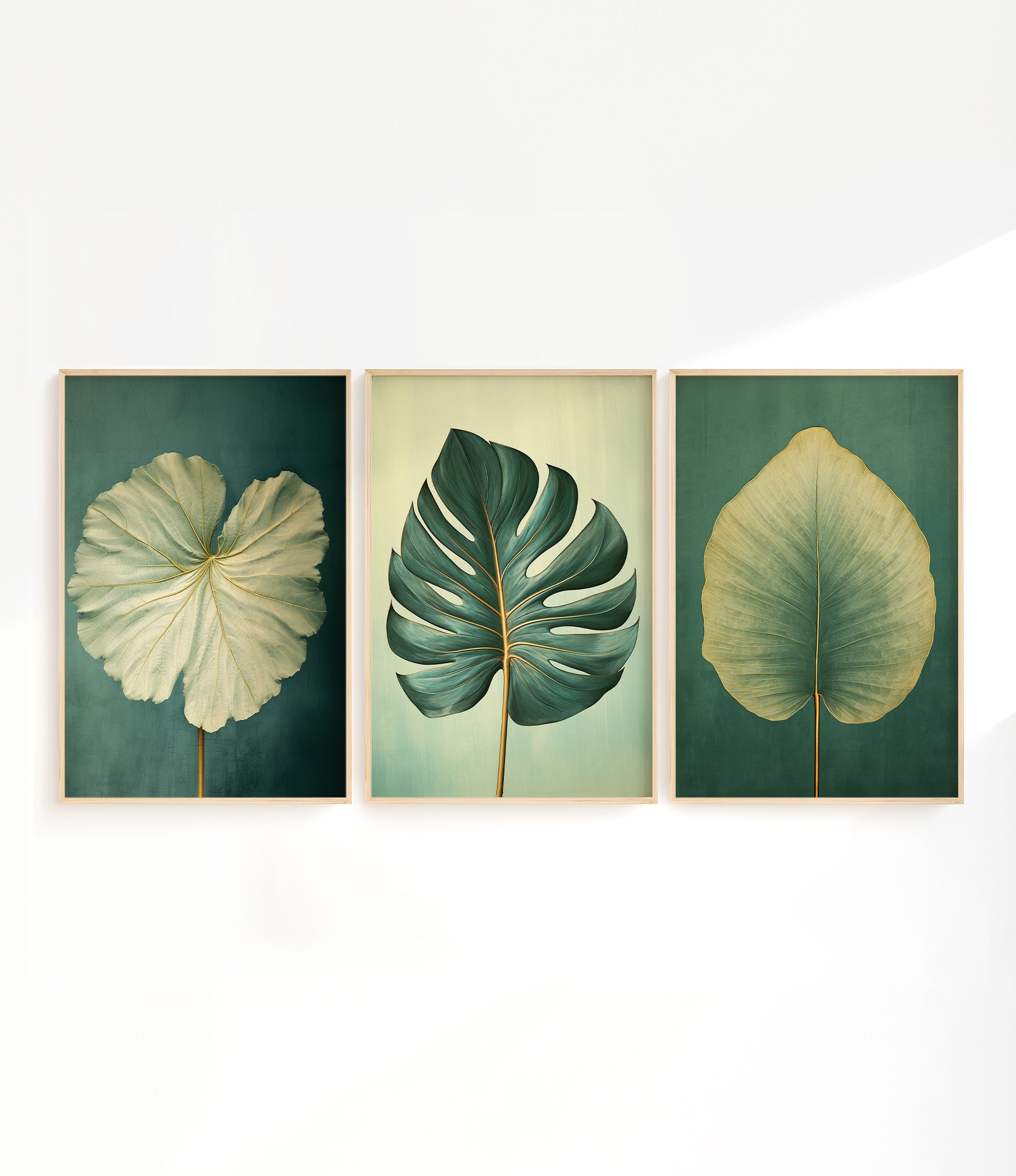 three framed artworks featuring large, leafy plant leaves in various shades of green.