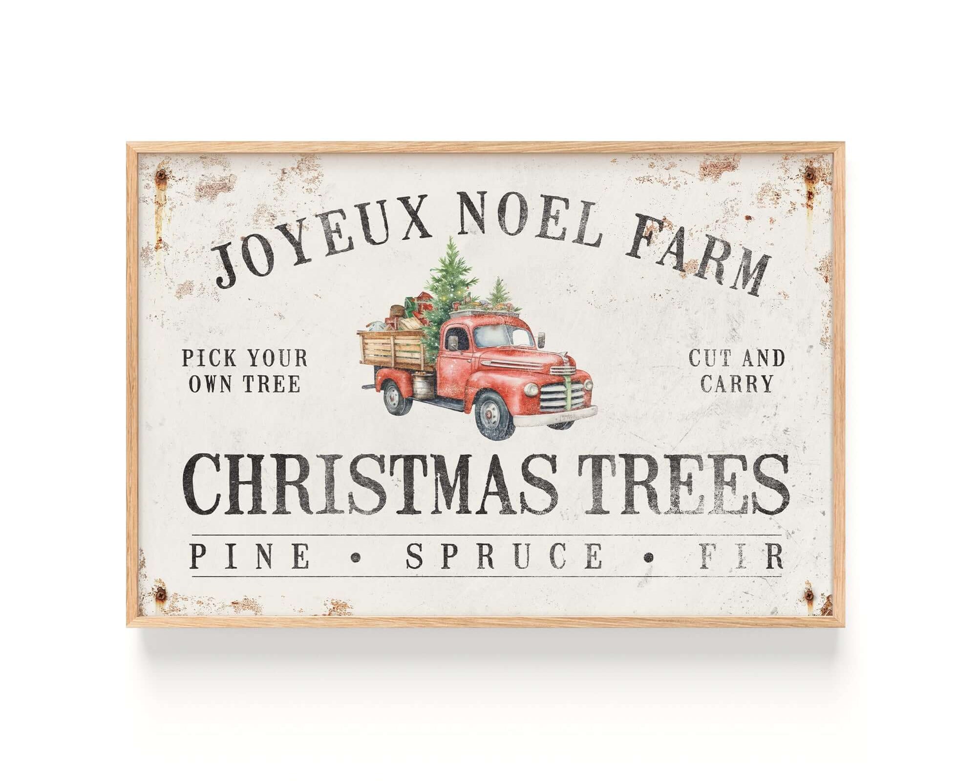 a red truck with a christmas tree on the back of it