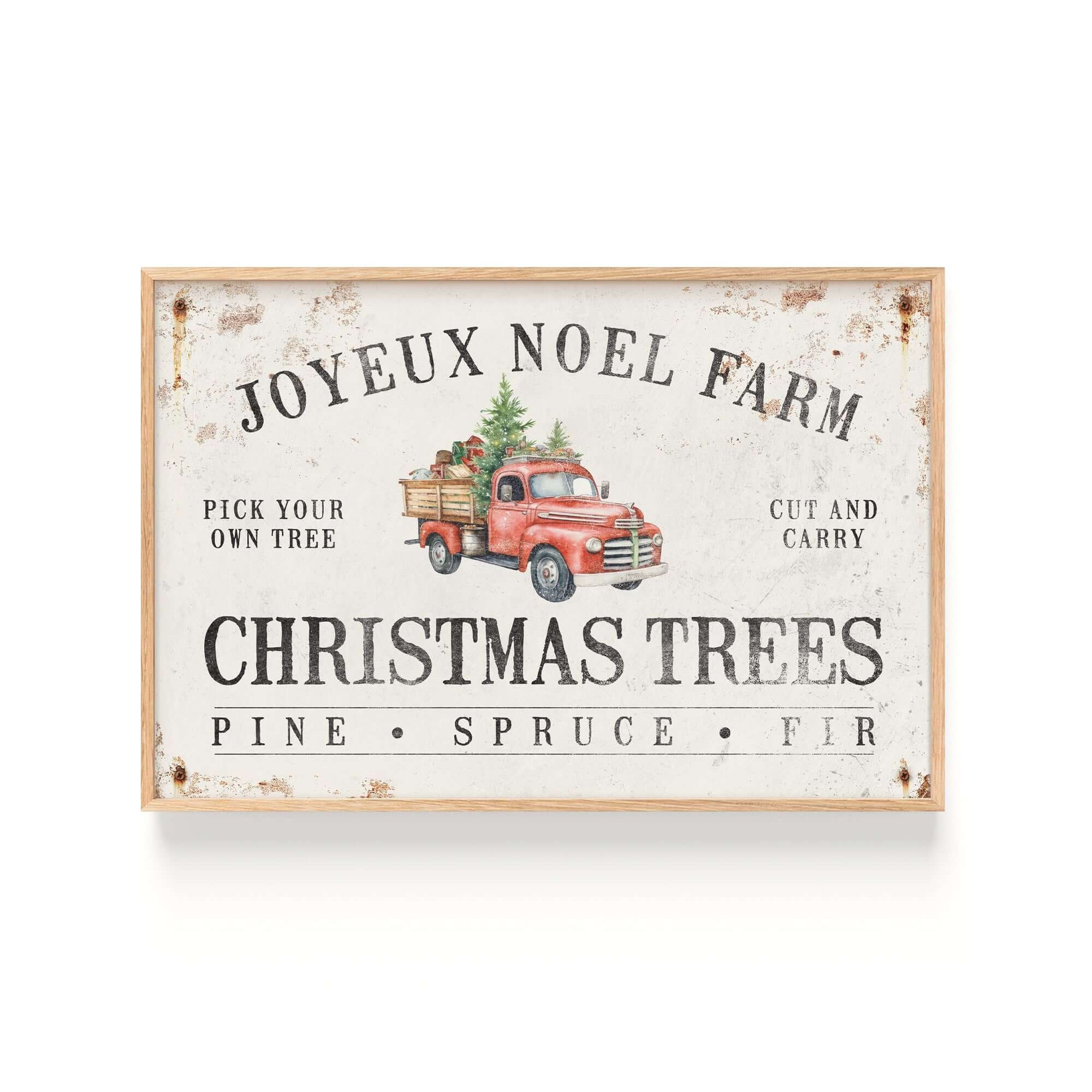 a red truck with a christmas tree on the back of it