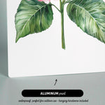 The image is an aluminum print featuring a watercolor painting of a pink flower with green leaves.
