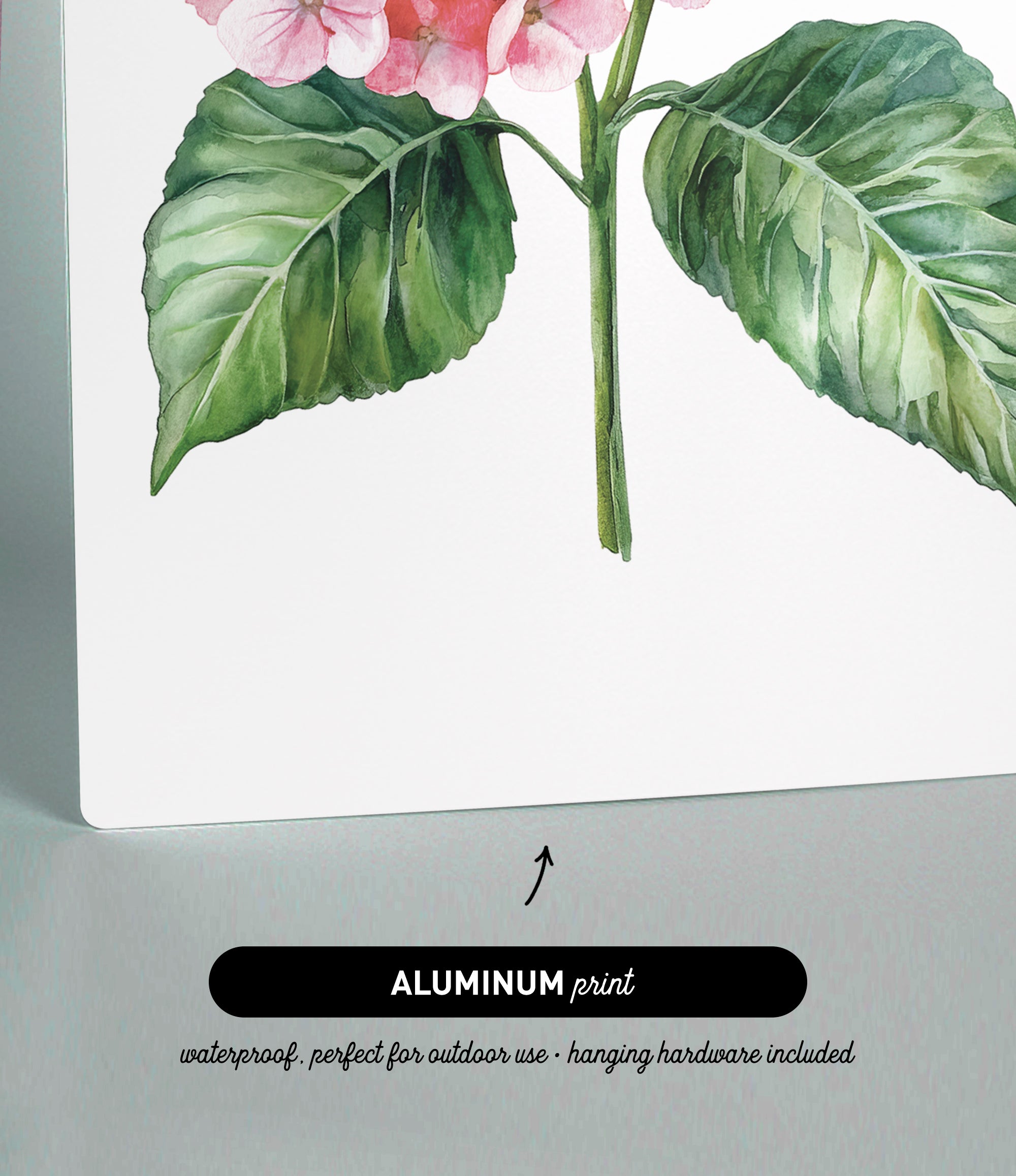The image is an aluminum print featuring a watercolor painting of a pink flower with green leaves.