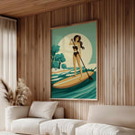 a woman standing on a surfboard in a serene, wood-paneled room with a large framed illustration of a woman paddleboarding on a calm body of water.