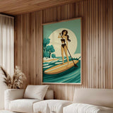 a woman standing on a surfboard in a serene, wood-paneled room with a large framed illustration of a woman paddleboarding on a calm body of water.